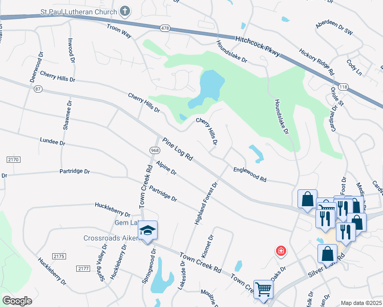 map of restaurants, bars, coffee shops, grocery stores, and more near 1520 Pine Log Road in Aiken