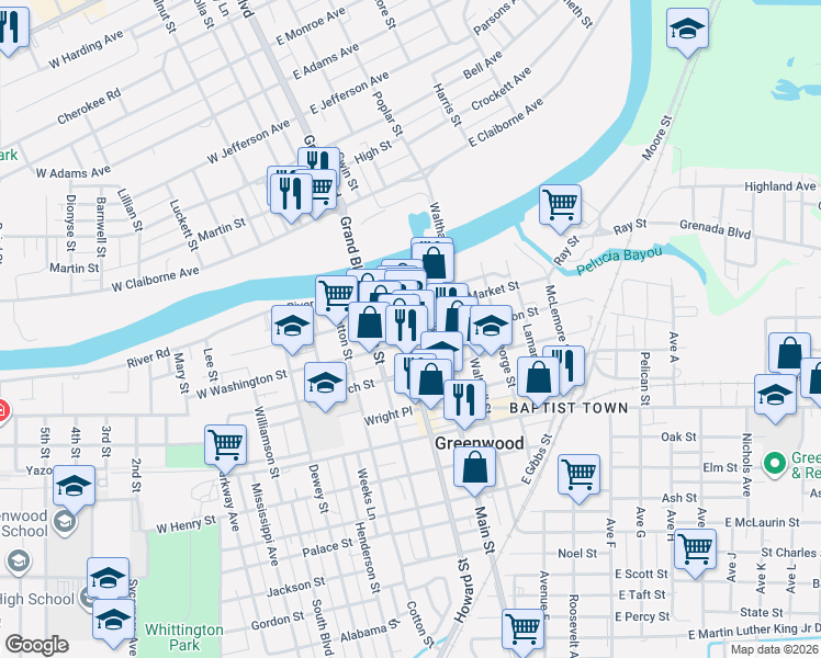 map of restaurants, bars, coffee shops, grocery stores, and more near Ramcat Alley in Greenwood