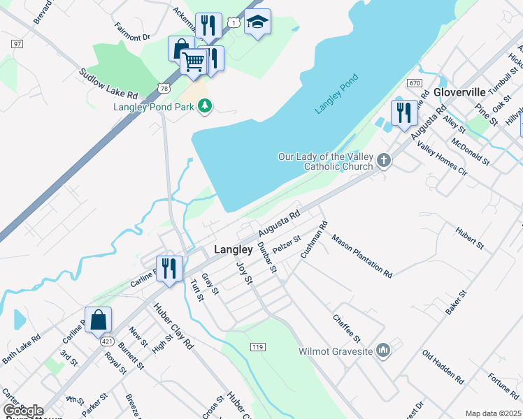 map of restaurants, bars, coffee shops, grocery stores, and more near in Langley