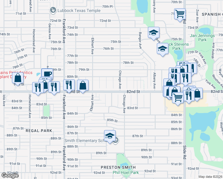map of restaurants, bars, coffee shops, grocery stores, and more near 8016 Clinton Avenue in Lubbock