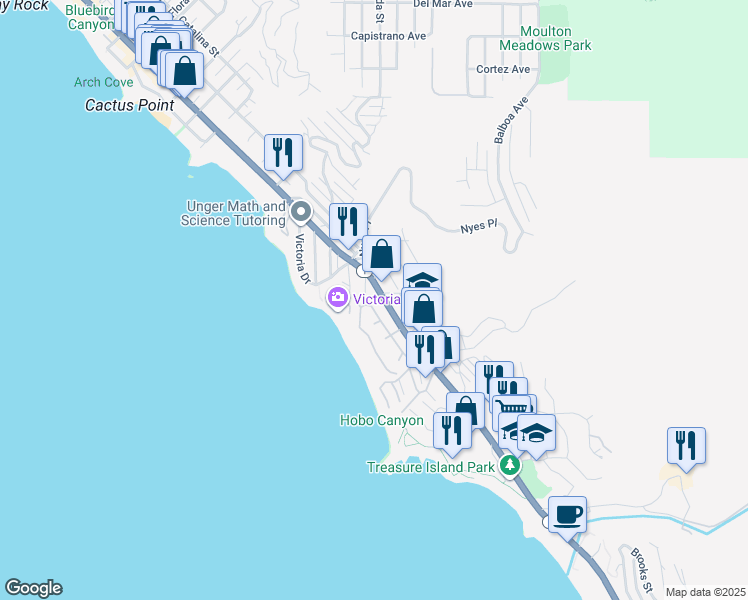 map of restaurants, bars, coffee shops, grocery stores, and more near 1 Lagunita Drive in Laguna Beach