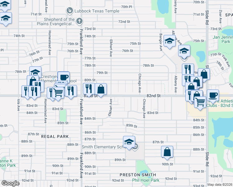 map of restaurants, bars, coffee shops, grocery stores, and more near 8011 Elkhart Avenue in Lubbock