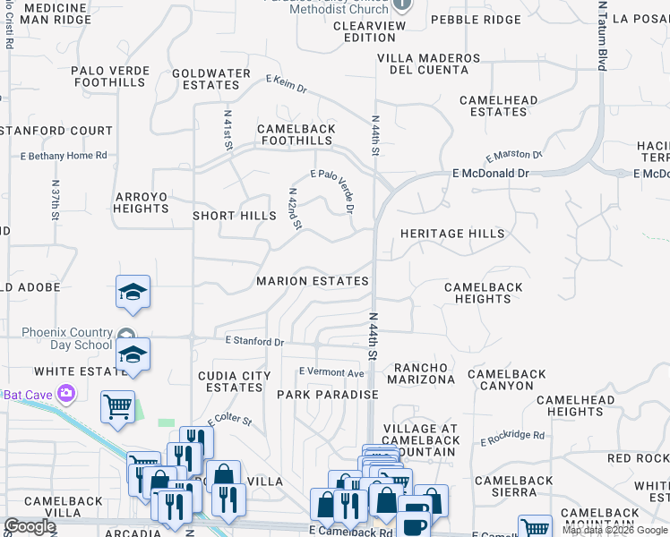 map of restaurants, bars, coffee shops, grocery stores, and more near 4319 East San Miguel Avenue in Phoenix