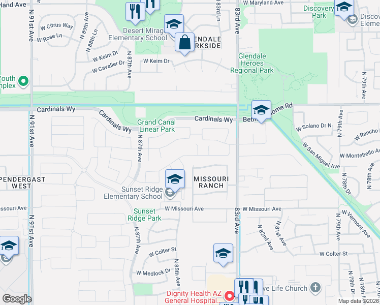map of restaurants, bars, coffee shops, grocery stores, and more near 8505 West Rancho Drive in Glendale