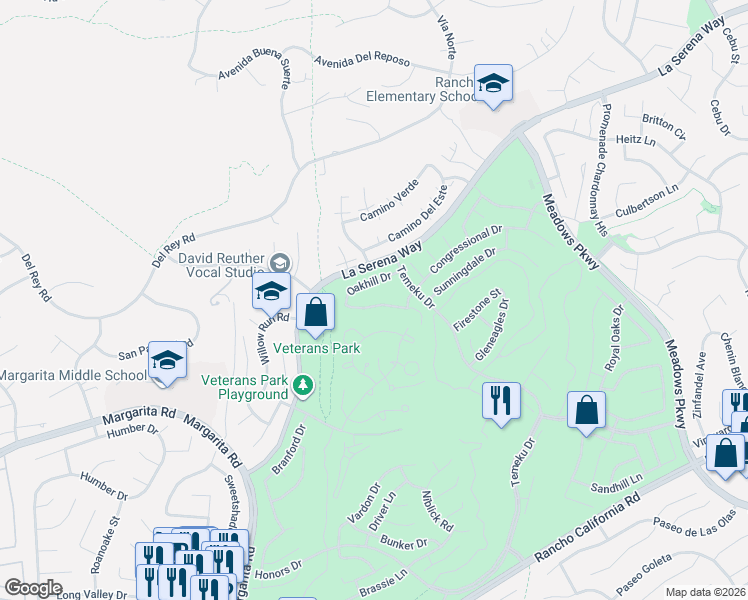 map of restaurants, bars, coffee shops, grocery stores, and more near 31021 Oakhill Drive in Temecula