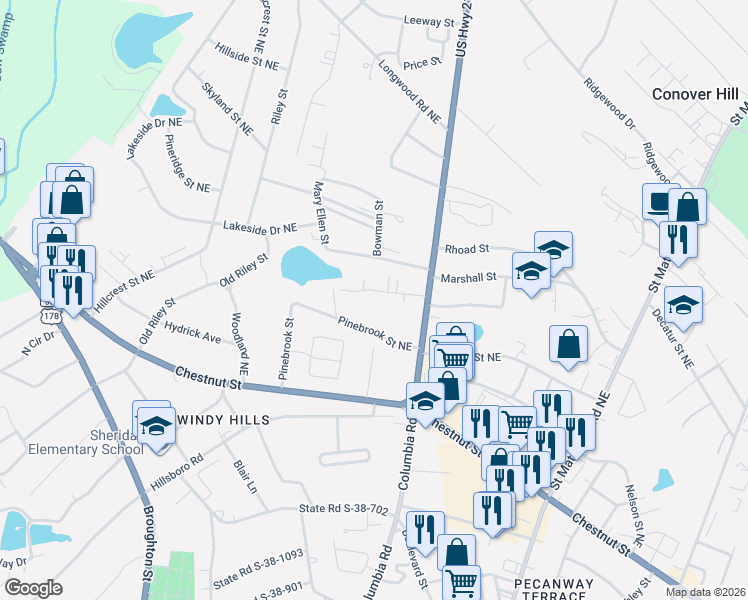 map of restaurants, bars, coffee shops, grocery stores, and more near 1686f Baugh Street Northeast in Orangeburg