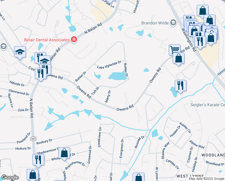 map of restaurants, bars, coffee shops, grocery stores, and more near 4361 Taft Drive in Evans
