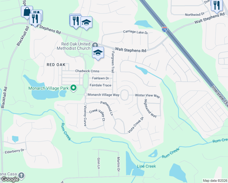 map of restaurants, bars, coffee shops, grocery stores, and more near 332 Fairdale Trace in Stockbridge