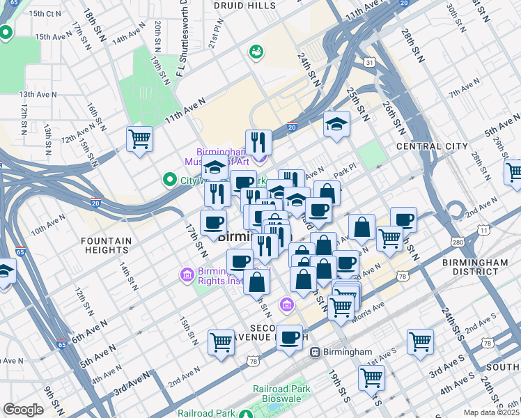 map of restaurants, bars, coffee shops, grocery stores, and more near in Birmingham