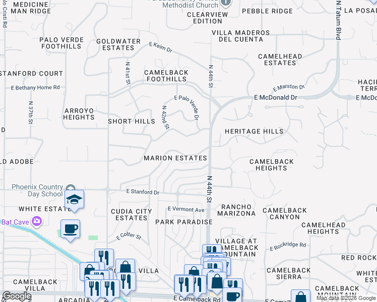 map of restaurants, bars, coffee shops, grocery stores, and more near 4319 East San Miguel Avenue in Phoenix