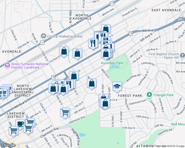 map of restaurants, bars, coffee shops, grocery stores, and more near 3817 5th Avenue South in Birmingham
