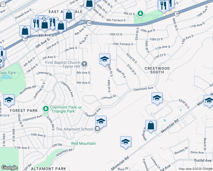 map of restaurants, bars, coffee shops, grocery stores, and more near 1274b 49th Place South in Birmingham