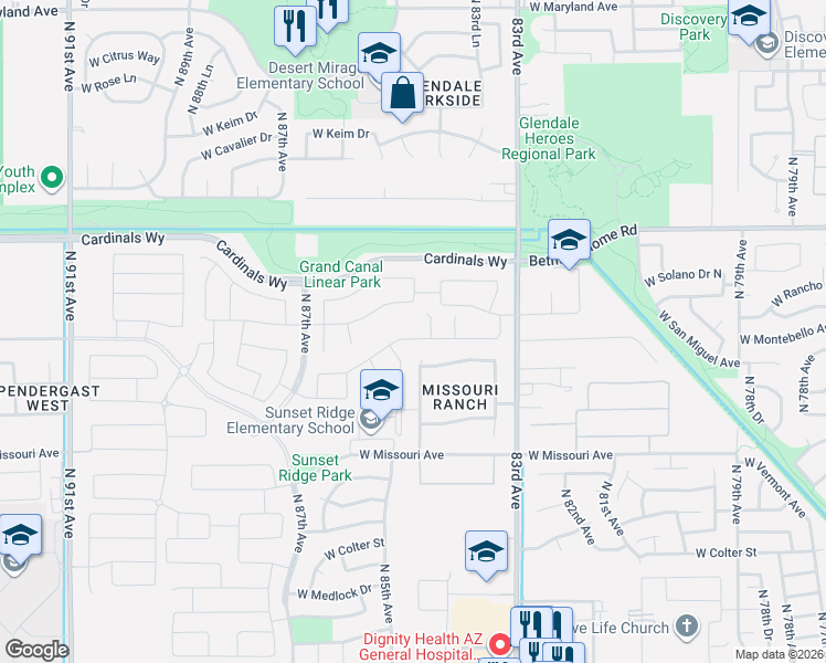 map of restaurants, bars, coffee shops, grocery stores, and more near 8505 West Rancho Drive in Glendale
