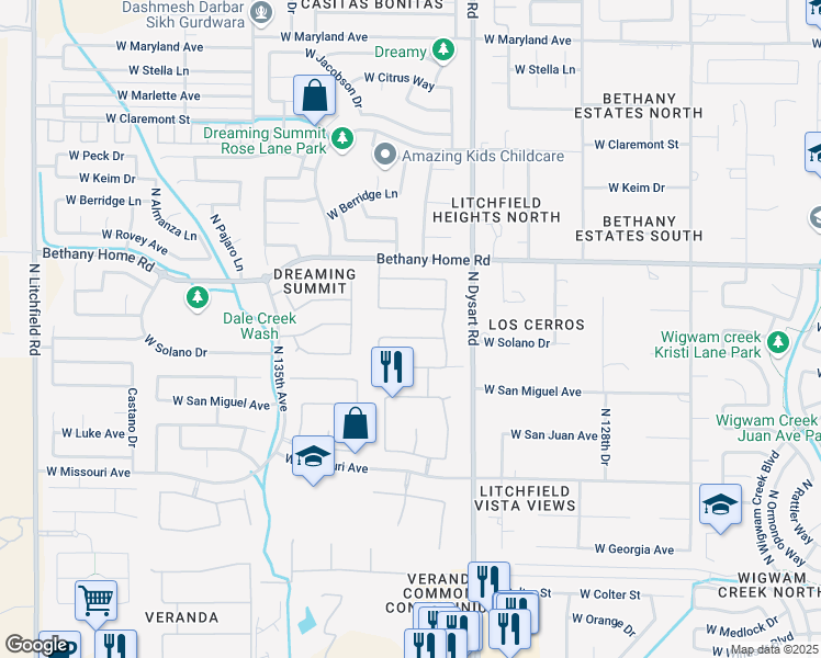 map of restaurants, bars, coffee shops, grocery stores, and more near 13219 West Rancho Drive in Litchfield Park