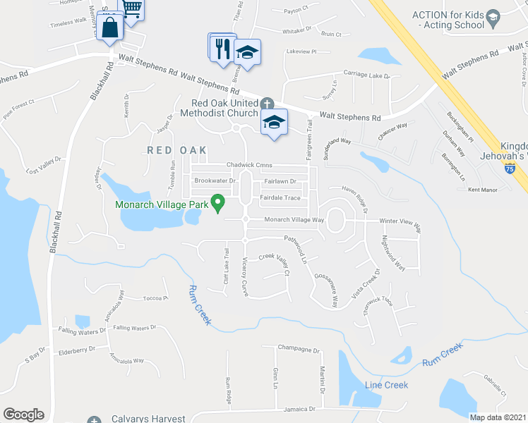 map of restaurants, bars, coffee shops, grocery stores, and more near 233 Monarch Village Way in Stockbridge