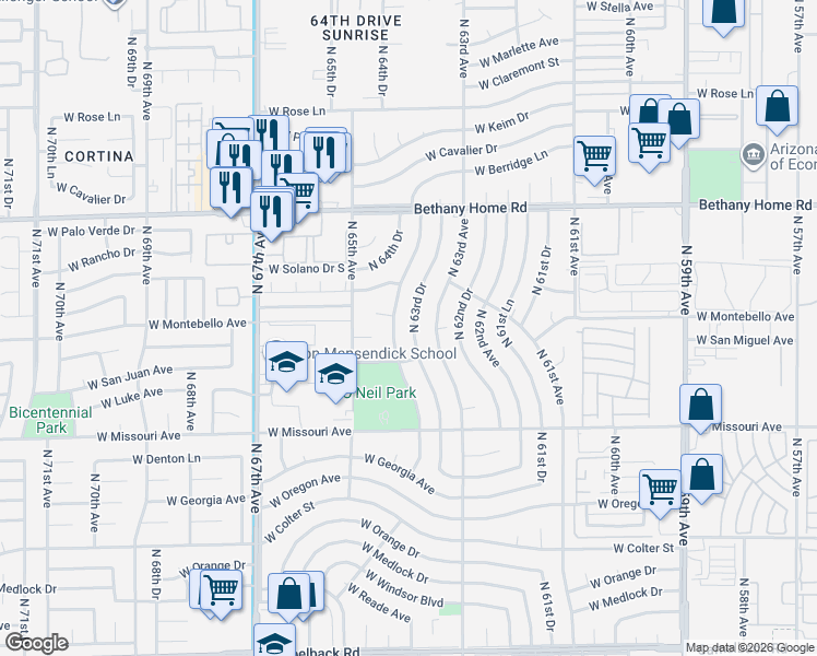 map of restaurants, bars, coffee shops, grocery stores, and more near 5644 North 63rd Drive in Glendale
