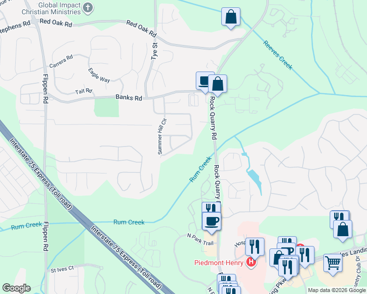 map of restaurants, bars, coffee shops, grocery stores, and more near 346 Summer Hill Circle in Stockbridge