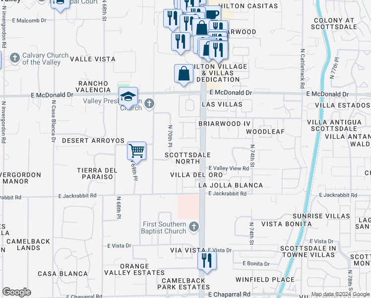 map of restaurants, bars, coffee shops, grocery stores, and more near 5734 North Scottsdale Road in Paradise Valley