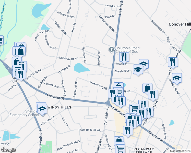 map of restaurants, bars, coffee shops, grocery stores, and more near 1686f Baugh Street Northeast in Orangeburg