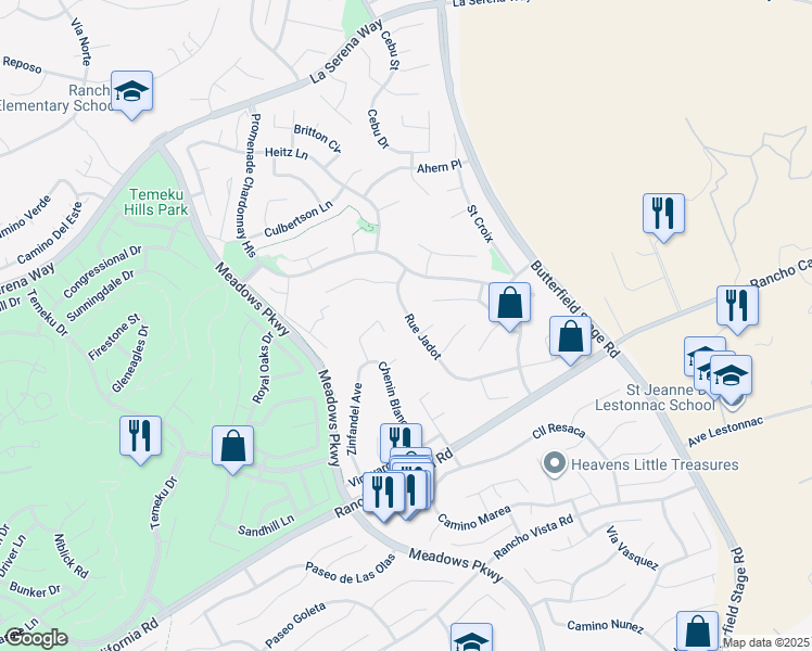 map of restaurants, bars, coffee shops, grocery stores, and more near 41315 Rue Jadot in Temecula