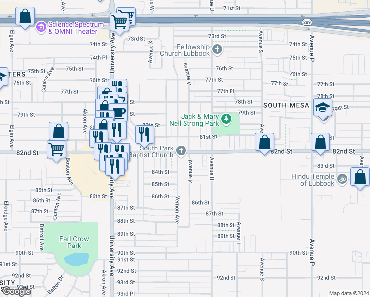 map of restaurants, bars, coffee shops, grocery stores, and more near 8110 Avenue V in Lubbock