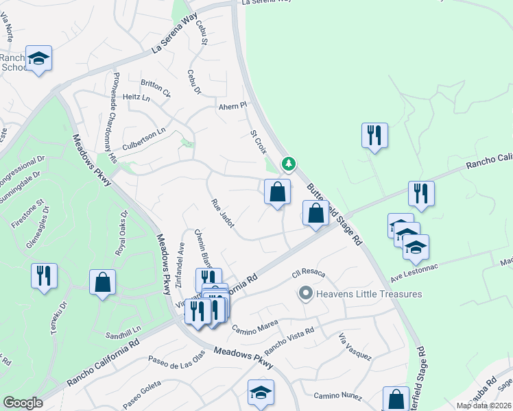 map of restaurants, bars, coffee shops, grocery stores, and more near 32249 Cour Meyney in Temecula