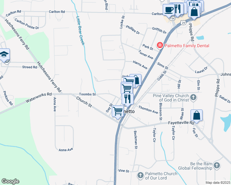 map of restaurants, bars, coffee shops, grocery stores, and more near 507 Menefee Street in Palmetto