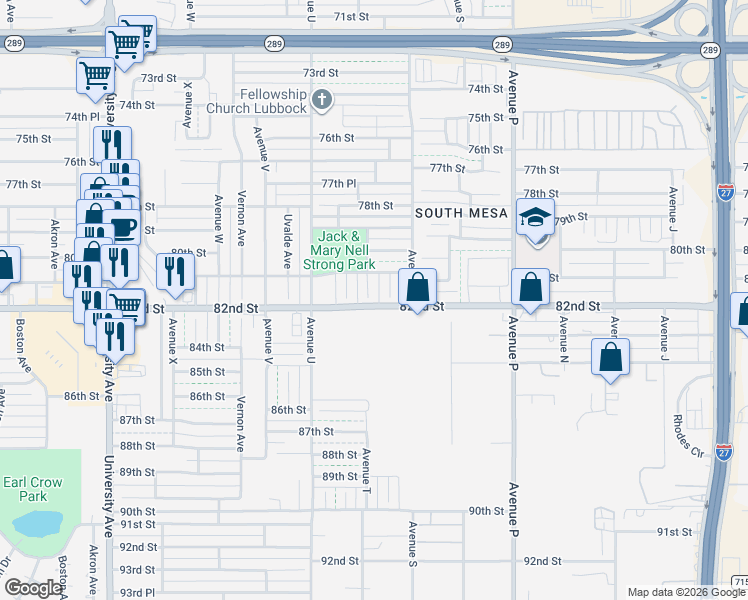 map of restaurants, bars, coffee shops, grocery stores, and more near 8107 Sherman Avenue in Lubbock