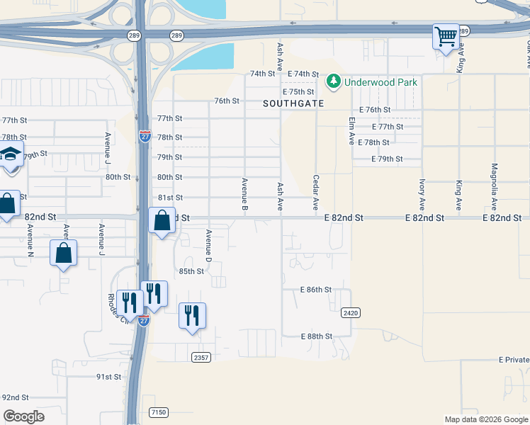 map of restaurants, bars, coffee shops, grocery stores, and more near 107 81st Street in Lubbock