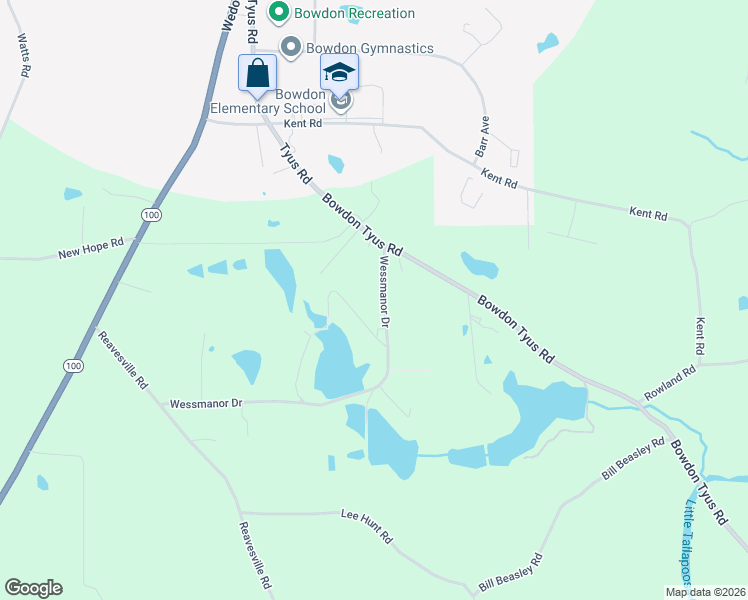 map of restaurants, bars, coffee shops, grocery stores, and more near 398 Wessmanor Drive in Bowdon