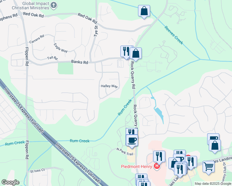 map of restaurants, bars, coffee shops, grocery stores, and more near 358 Summer Hill Circle in Stockbridge