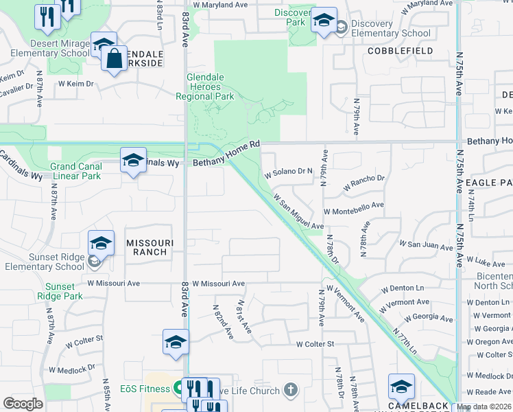map of restaurants, bars, coffee shops, grocery stores, and more near 8052 West Montebello Avenue in Glendale