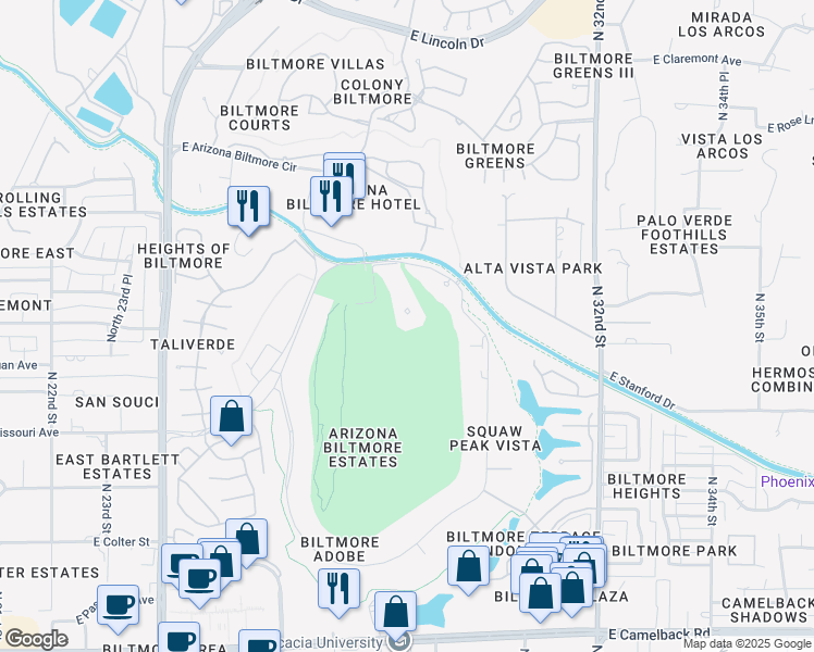 map of restaurants, bars, coffee shops, grocery stores, and more near 2 Biltmore Estates Drive in Phoenix