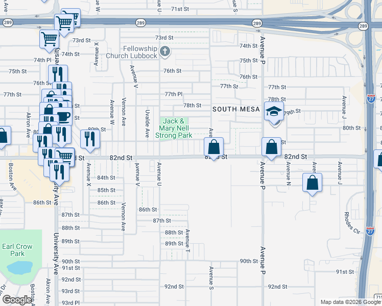 map of restaurants, bars, coffee shops, grocery stores, and more near 8107 Sherman Avenue in Lubbock