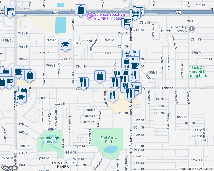 map of restaurants, bars, coffee shops, grocery stores, and more near 2612a 81st Street in Lubbock