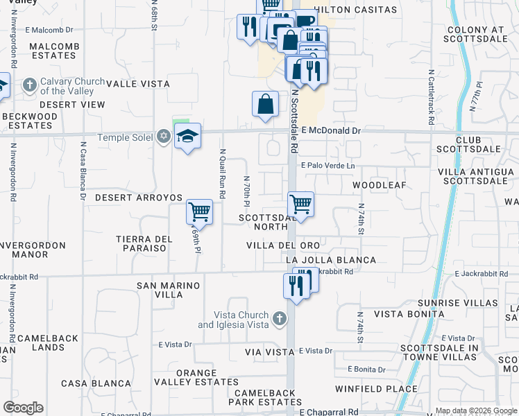 map of restaurants, bars, coffee shops, grocery stores, and more near 5801 North 70th Place in Paradise Valley