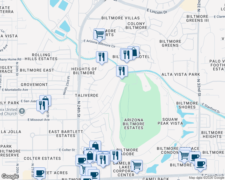 map of restaurants, bars, coffee shops, grocery stores, and more near 48 Biltmore Estate in Phoenix