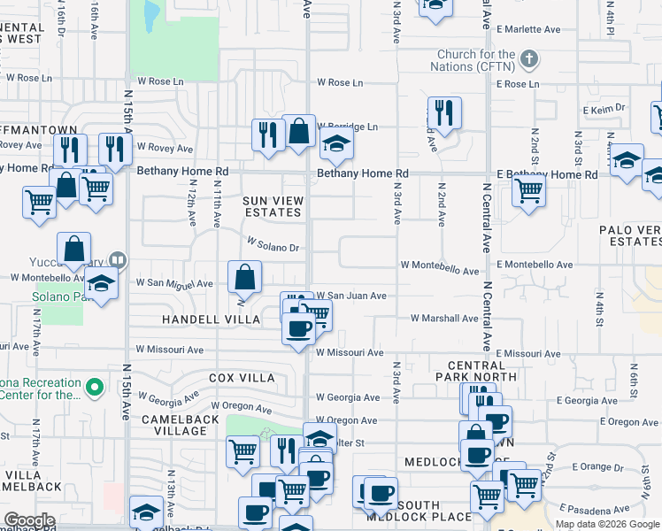 map of restaurants, bars, coffee shops, grocery stores, and more near 605 West Montebello Avenue in Phoenix