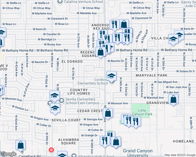 map of restaurants, bars, coffee shops, grocery stores, and more near 3530 West Montebello Avenue in Phoenix