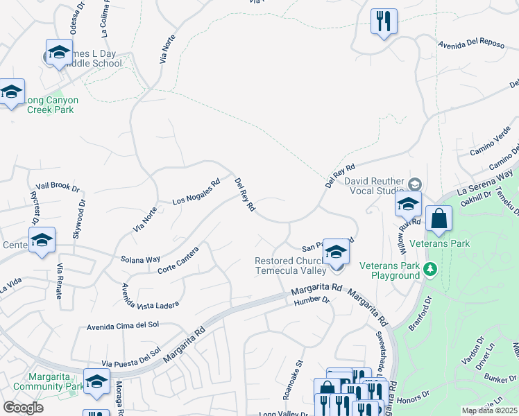 map of restaurants, bars, coffee shops, grocery stores, and more near 30179 Vía Corsica in Temecula