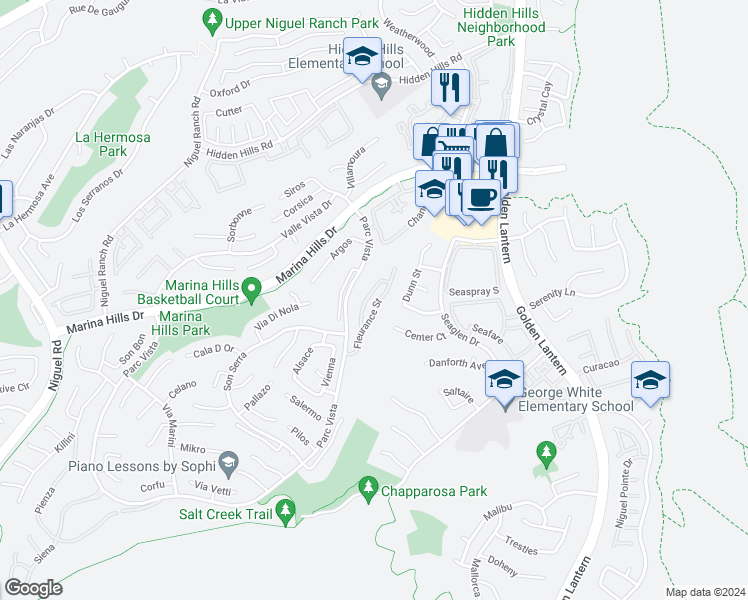 map of restaurants, bars, coffee shops, grocery stores, and more near 125 Fleurance Street in Laguna Niguel
