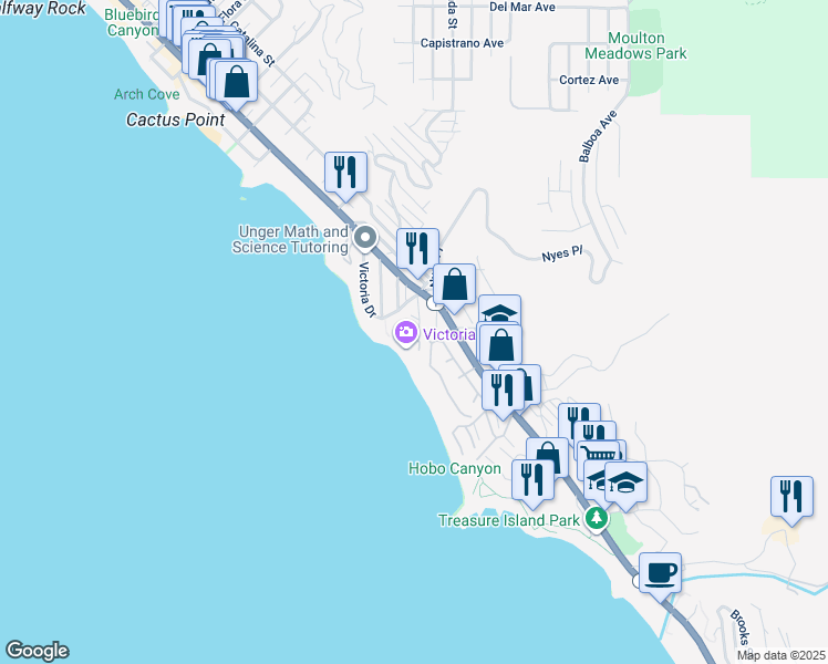 map of restaurants, bars, coffee shops, grocery stores, and more near 163 Dumond Drive in Laguna Beach