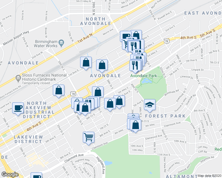map of restaurants, bars, coffee shops, grocery stores, and more near 3800 5th Avenue South in Birmingham