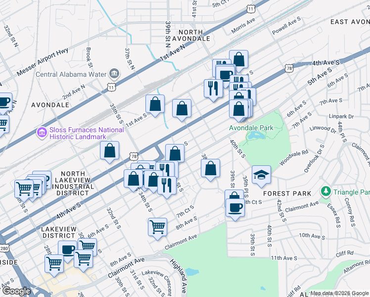 map of restaurants, bars, coffee shops, grocery stores, and more near 3719 4th Avenue South in Birmingham