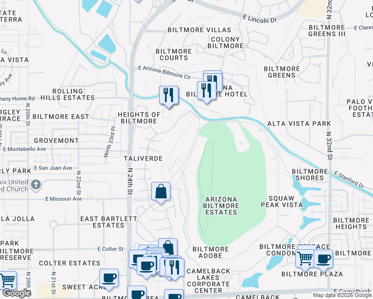 map of restaurants, bars, coffee shops, grocery stores, and more near 48 Biltmore Estate in Phoenix
