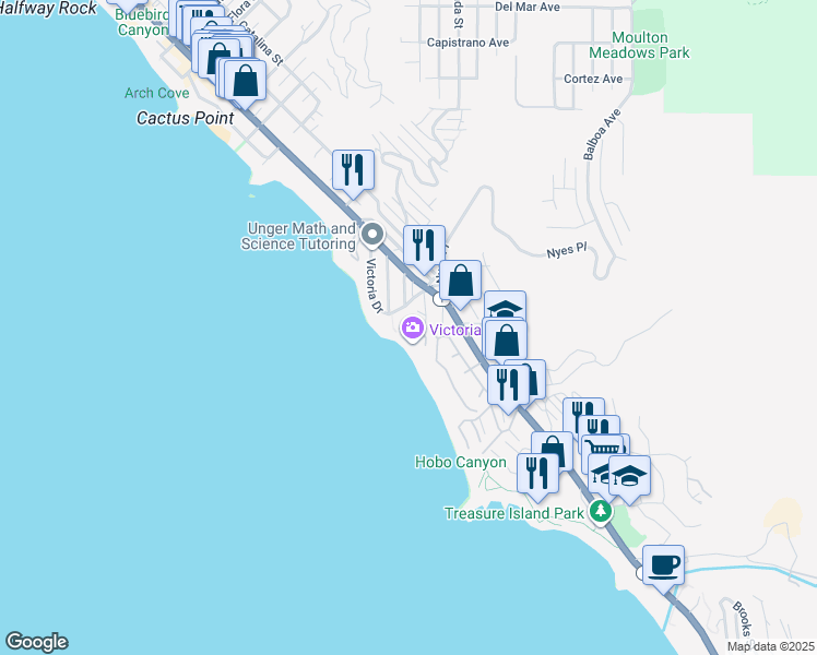 map of restaurants, bars, coffee shops, grocery stores, and more near 2857 Wards Terrace in Laguna Beach