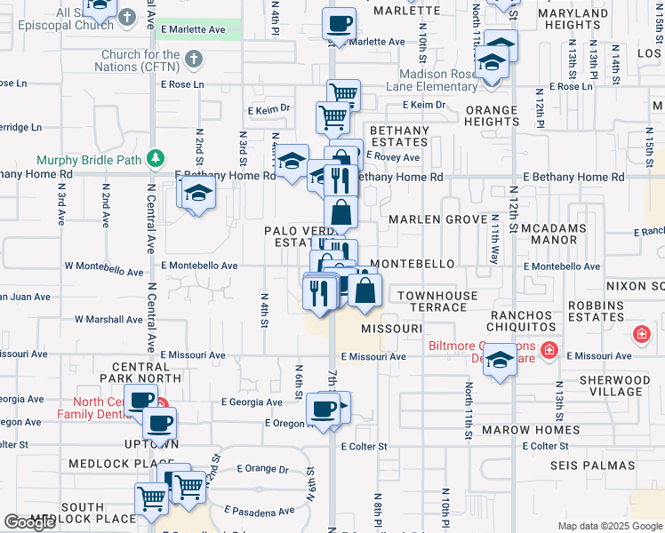 map of restaurants, bars, coffee shops, grocery stores, and more near N 7th St & E Montebello Ave in Phoenix