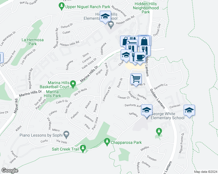 map of restaurants, bars, coffee shops, grocery stores, and more near 125 Fleurance Street in Laguna Niguel