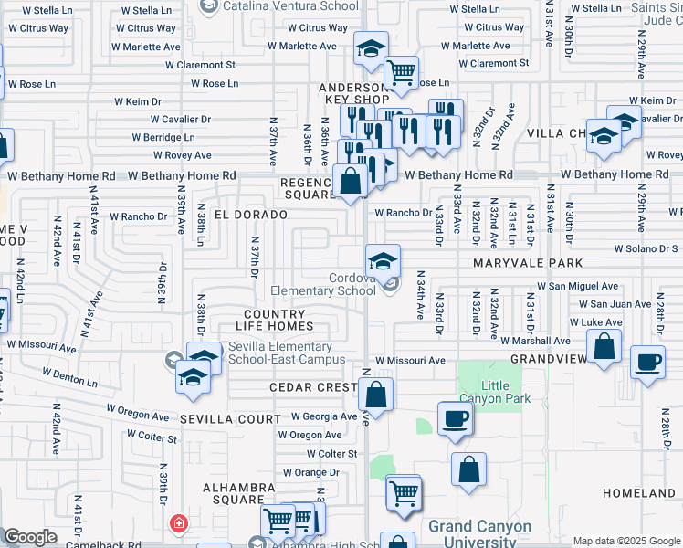 map of restaurants, bars, coffee shops, grocery stores, and more near 3530 West Montebello Avenue in Phoenix