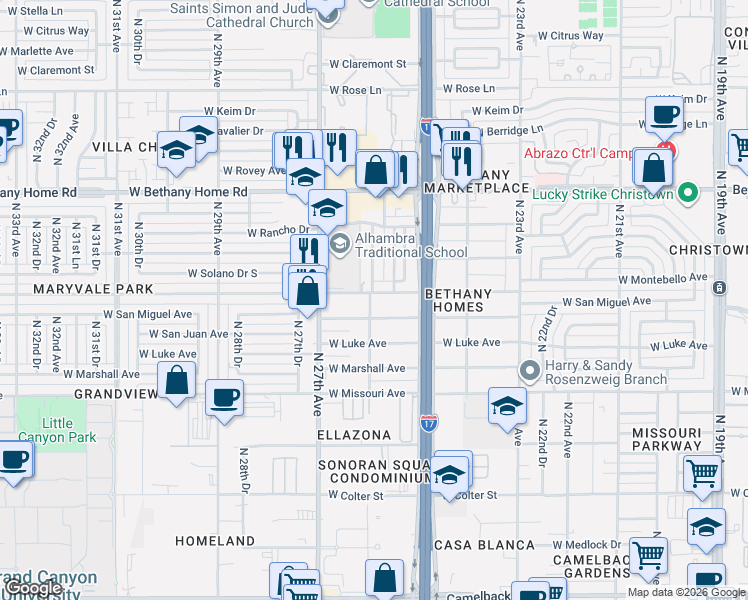 map of restaurants, bars, coffee shops, grocery stores, and more near 2548 West Montebello Avenue in Phoenix